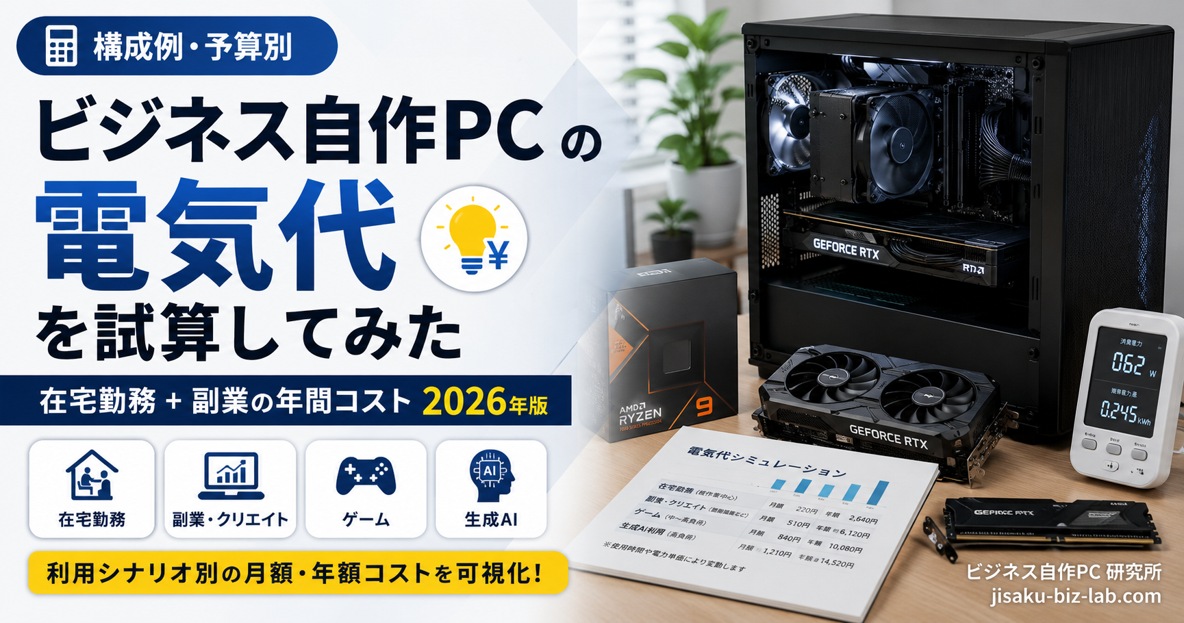 ビジネス自作PC の電気代を試算してみた｜在宅勤務 + 副業の年間コスト 2026年版 のサムネイル画像