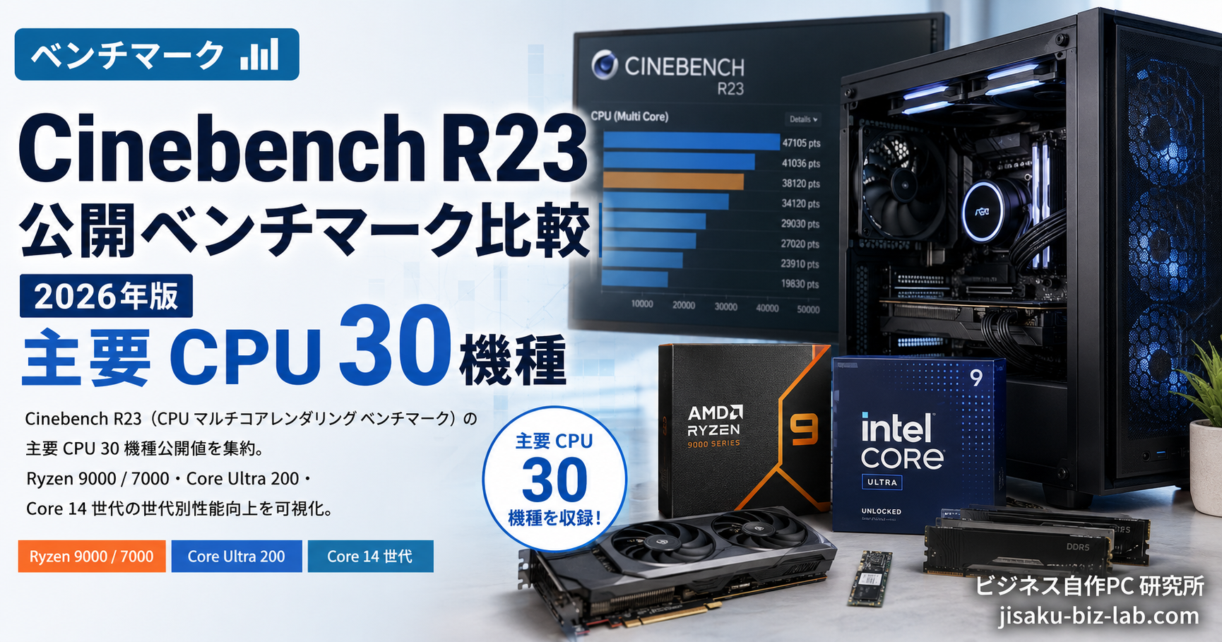 Cinebench R23 公開ベンチマーク比較｜2026年版 主要 CPU 30 機種 のサムネイル画像