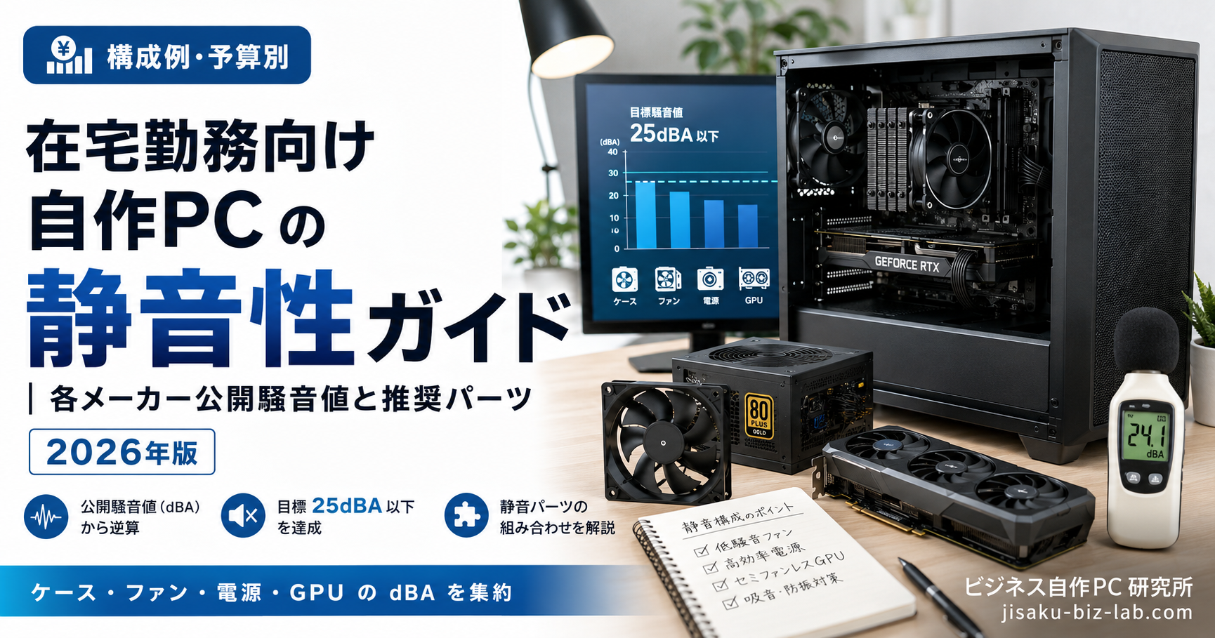 在宅勤務向け自作PC の静音性ガイド｜各メーカー公開騒音値と推奨パーツ 2026年版 のサムネイル画像