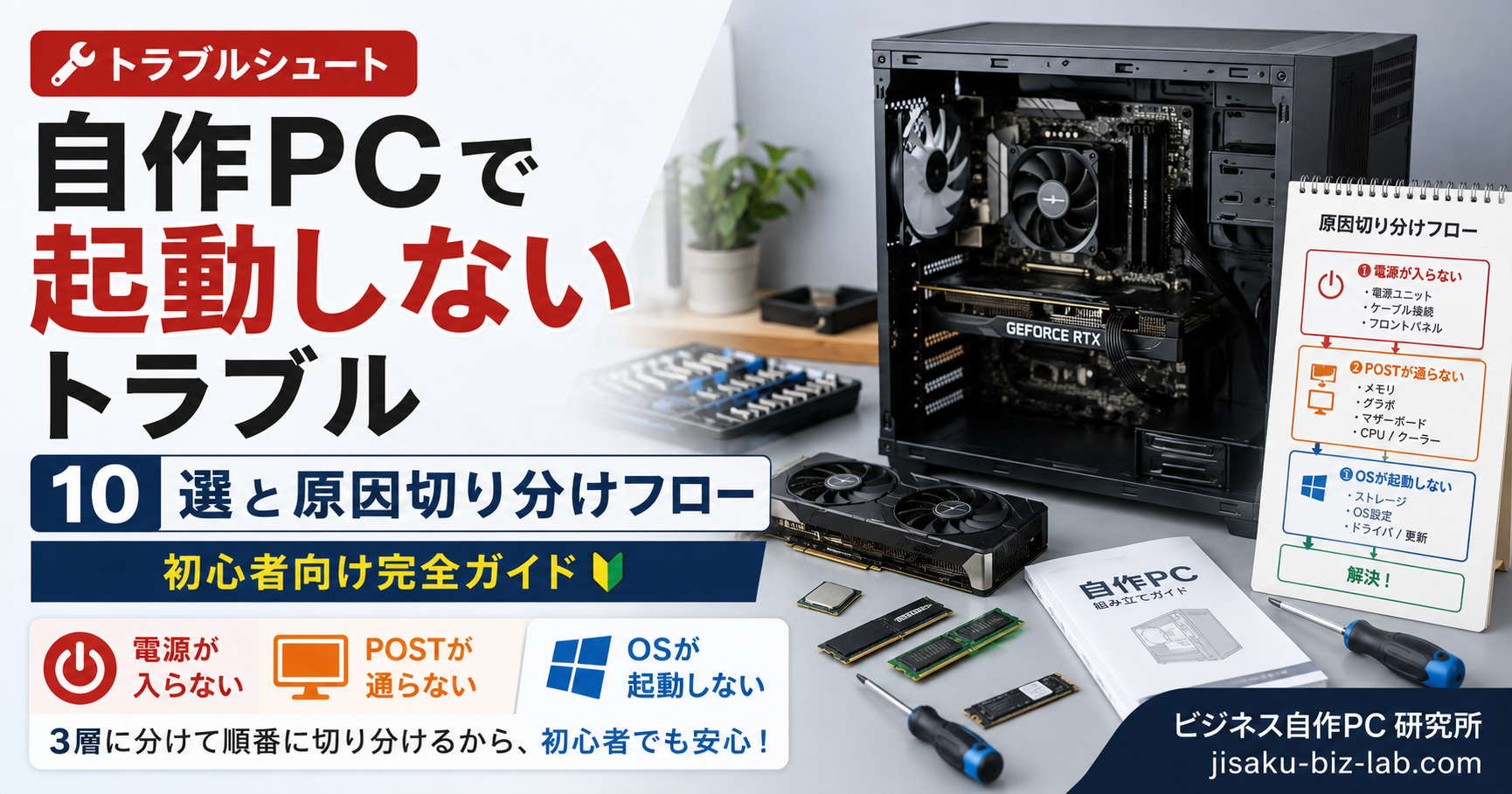 自作PC で起動しないトラブル 10 選と原因切り分けフロー｜初心者向け完全ガイド のサムネイル画像