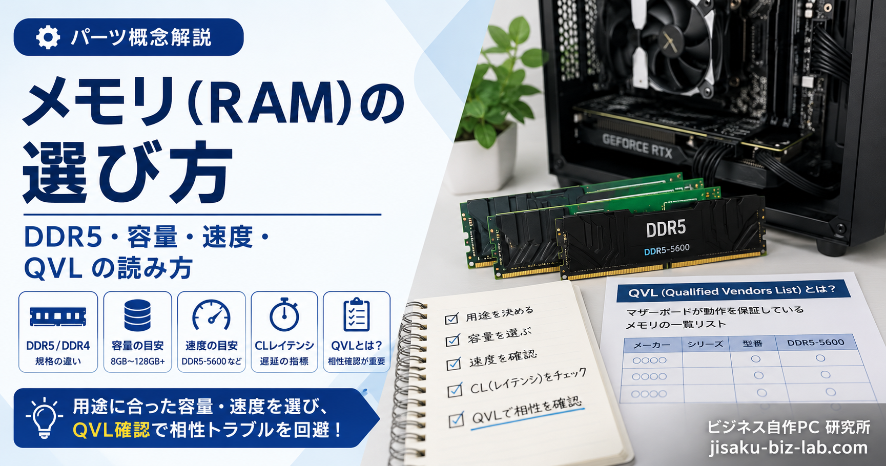 メモリ（RAM）の選び方｜DDR5・容量・速度・QVL の読み方 のサムネイル画像