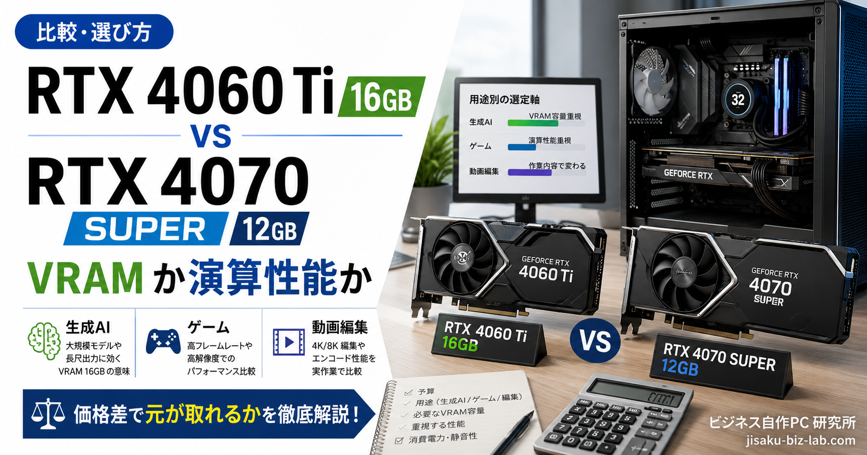 RTX 4060 Ti 16GB vs RTX 4070 SUPER｜VRAM か演算性能か のサムネイル画像